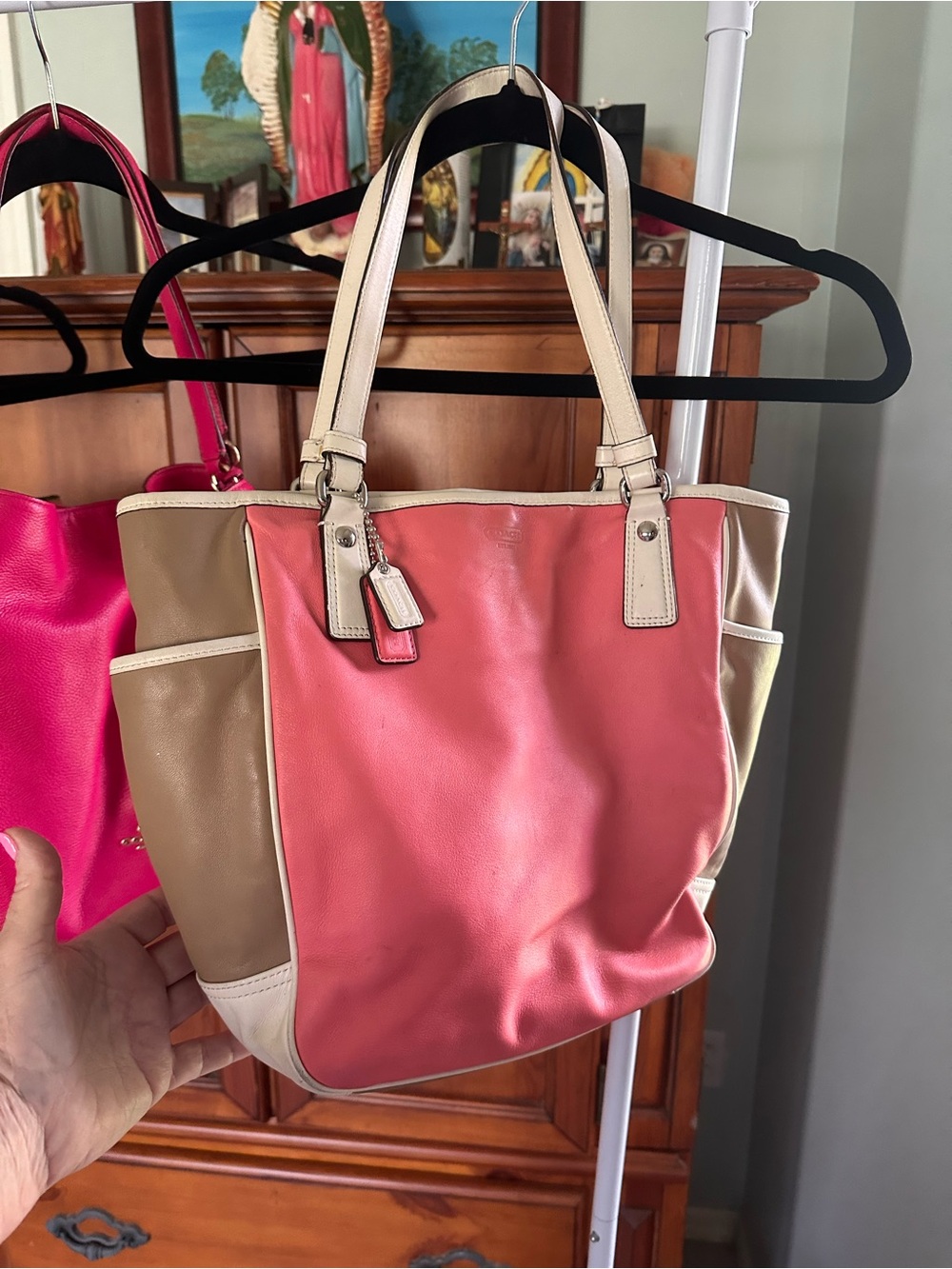 Coach Colorblock Leather Shoulder Bag in Coral, Taupe & Cream